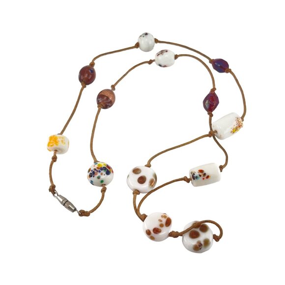 Handcrafted Murano Glass Beaded Necklace With Decorative Glass Beads Cotton Cord - Picture 5 of 6